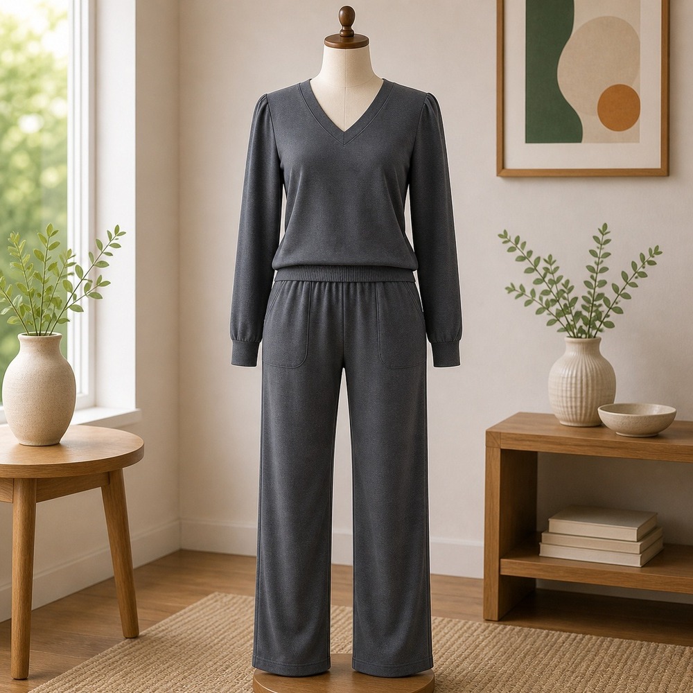 AnyBody Loungewear Set Womens Medium Petite Black V-Neck Puff Sleeve Pants 2pc